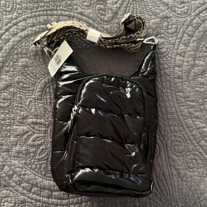 Black Quilted Crossbody Bag with Patterned Strap